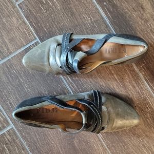 Fidgi mule/clog small heel green/brown with black- velcro connect shoes
